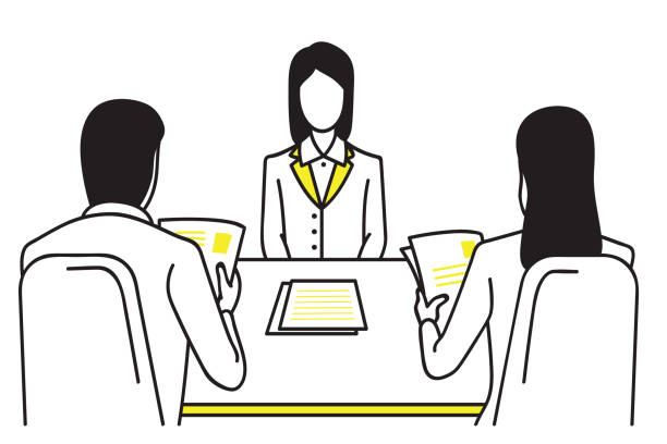 Woman applicant or candidate during job interview by recruiter. Business concept in job interview. Outline, thin line art, linear, hand drawn sketch design, simple style.